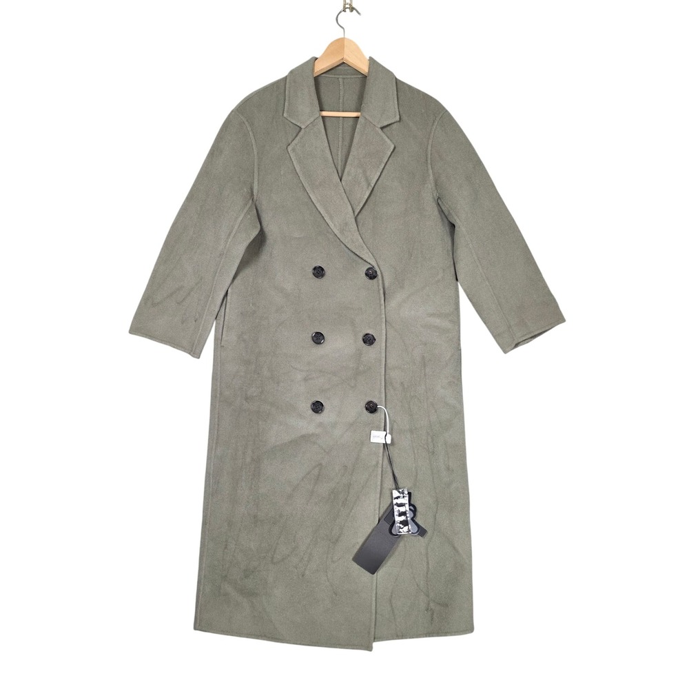 Double Breasted 100% Wool Mid-Long Bridge Coat 3/4 Sleeve Womens M Pea Green NEW
